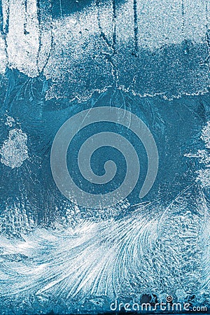 Blue Frosty Glass Ice Background, Natural Beautiful Snowflakes Frost Stock Photo