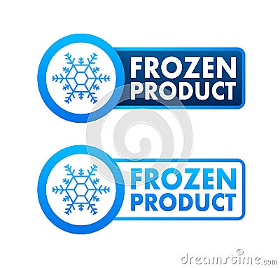 Blue frozen product and snowflake icon, label. Fresh frozen. Food logo. Vector stock illustration. Vector Illustration