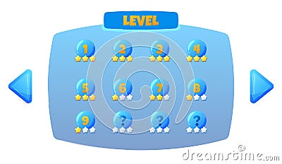 Blue game level selection screen with numbered bubbles and stars. Interface design for mobile game progression Vector Illustration