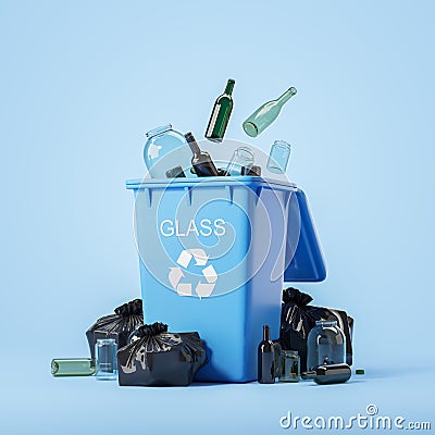 Blue garbage bin with glass waste Stock Photo
