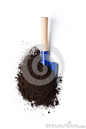 Blue gardening shovel with peat moss Stock Photo