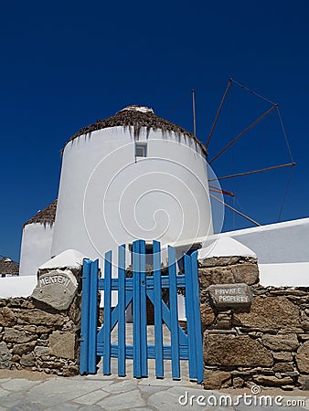 Blue Gate Entrance to Windmill on Mykonos Editorial Stock Photo