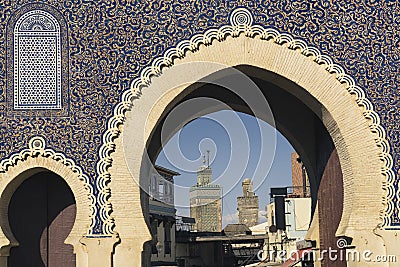 The blue gate in Fes, Morocco. Typical african and moroccan gate. World heritage Editorial Stock Photo