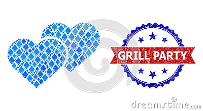 Blue Gem Composition Love Hearts Icon and Distress Bicolor Grill Party Stamp Stock Photo