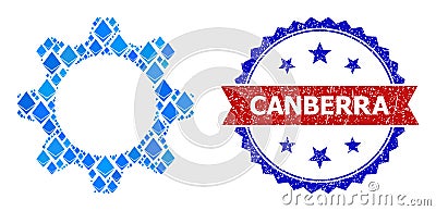 Blue Ethereum Collage Gearwheel Icon and Scratched Bicolor Canberra Stamp Vector Illustration