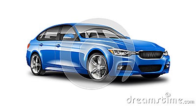 Blue Generic Sedan Car On White Background With Isolated Path. Stock Photo