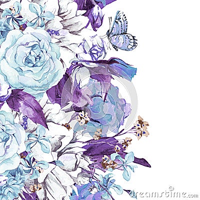 Blue Gentle Vintage Floral Greeting Card Cartoon Illustration