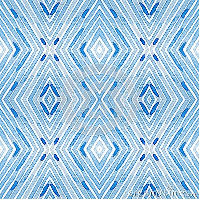 Blue Geometric Watercolor. Curious Seamless Pattern. Hand Drawn Stripes. Brush Texture. Lovely Chevr Stock Photo