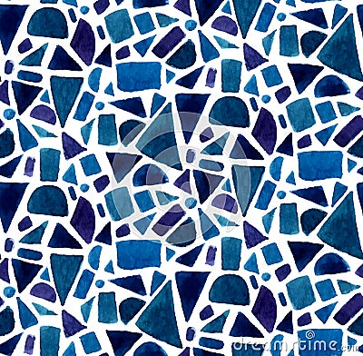 Blue geometry pattern with watercolor painted mosaic shapes. Vector seamless background Vector Illustration