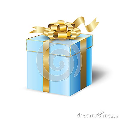 Blue Gift Box, Gold Satin Ribbon, Birthaday, Christmas, Holiday Present Vector Illustration