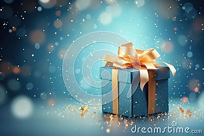 AI generated. Blue gift box with golden ribbon on a festive sparkle blurred bokeh Christmas background Stock Photo