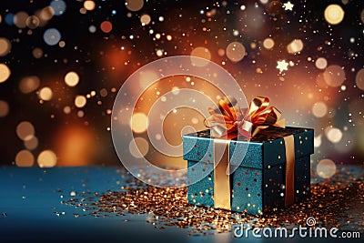 AI generated. Blue gift box with golden ribbon on a festive sparkle blurred bokeh Christmas background Stock Photo