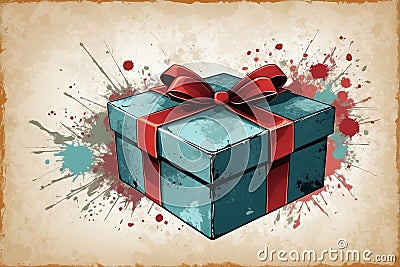 Blue gift box with red bow on grunge background, isolated Cartoon Illustration