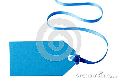 Blue gift tag or label with long curly ribbon isolated on white backg Stock Photo