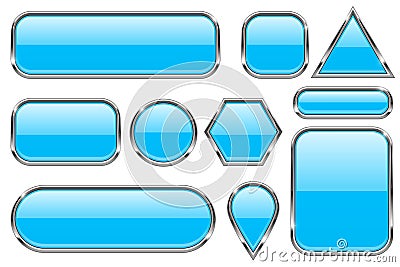 Blue glass buttons with chrome frame. Colored set of shiny 3d web icons Vector Illustration