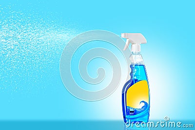 Blue Glass Cleaner Spray Spraying Dispersion Pulverizer with yellow lable on blue background Stock Photo