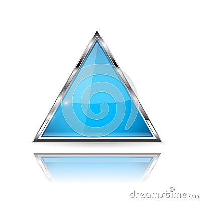 Blue glass 3d button with metal frame. Triangle shape. With reflection on white background Vector Illustration