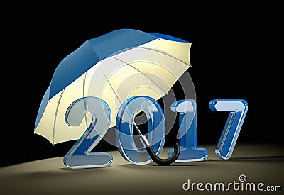 Blue glass number 2017 under umbrella. New year mataphor Cartoon Illustration