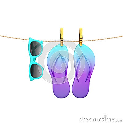 Blue glasses and flip flops hanging on rope with clothespins, isolated on white, summer background Stock Photo