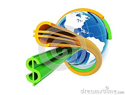 Blue globe with dollar euro colored stripes horizo Stock Photo