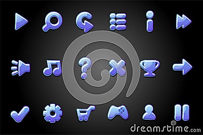 Blue glossy buttons, round icons for the game. Vector Illustration