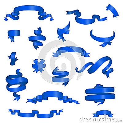 Blue glossy ribbon different banners set Vector Illustration