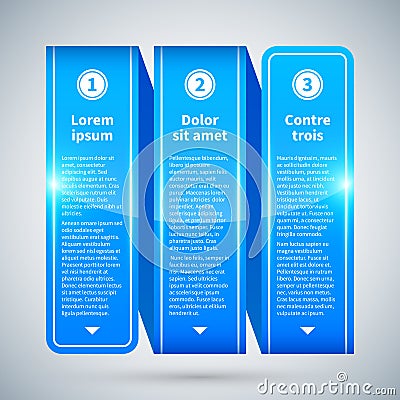 Blue glossy ribbon with three vertical options. Vector Illustration