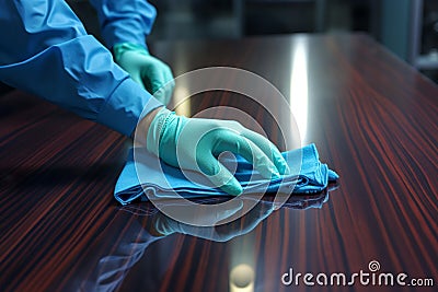 Blue gloved hand caresses the table, ensuring pristine cleanliness Stock Photo