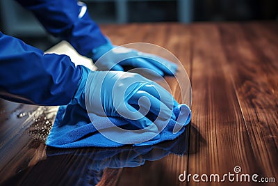 Blue gloved hand caresses the table, ensuring pristine cleanliness Stock Photo