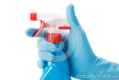 Blue gloved hand with cleaning spray bottle Stock Photo