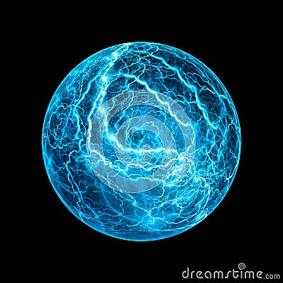 Blue glowing ball lightning effect isolated on black Stock Photo