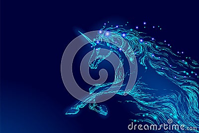 Blue glowing horse unicorn riding night sky star. Creative decoration magical backdrop shining cosmos space horn fairy Vector Illustration