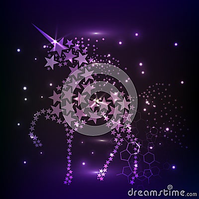 Blue glowing horse unicorn riding night sky star. Creative decoration magical backdrop shining cosmos space Vector Illustration