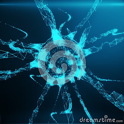 Blue glowing neuron. Artificial neuron in concept of artificial intelligence. Neuron system. Abstract polygonal space Stock Photo