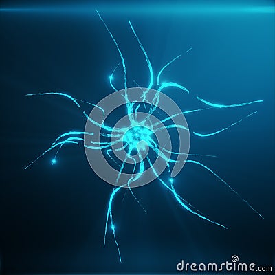 Blue glowing neuron. Artificial neuron in concept of artificial intelligence. Neuron system. Abstract polygonal space Stock Photo