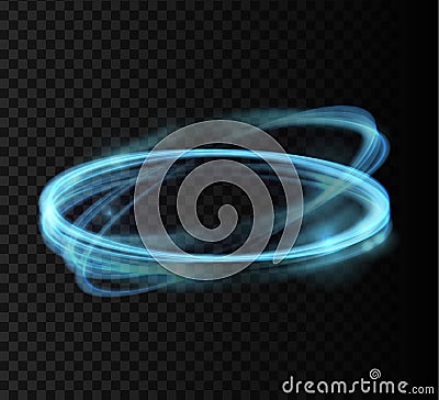 Blue glowing shiny spiral lines and circle light effect. Vector Illustration