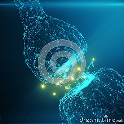 Blue glowing synapse. Artificial neuron in concept of artificial intelligence. Synaptic transmission lines of pulses Stock Photo