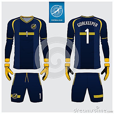 Blue Goalkeeper jersey or soccer kit, long sleeve jersey, goalkeeper glove template design. Front and back view football uniform. Vector Illustration