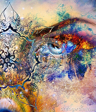 Blue goddess women eye, multicolor background with Stock Photo