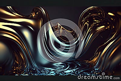 Blue and gold abstract liquid waves background, fluid flowing water motion Generative AI Stock Photo