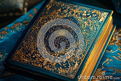 Blue and Gold Book Resting on Bed, Quranic verses beautifully illuminated, AI Generated Stock Photo