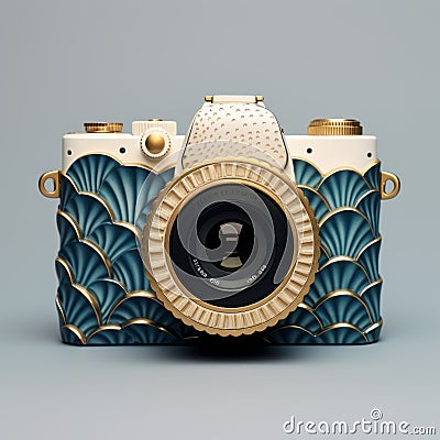 Blue And Gold Camera With Surrealist Ceramics Design Cartoon Illustration