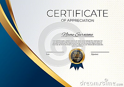 Blue and gold Certificate of achievement template set Background with gold badge and border. Award diploma design blank. Vector Vector Illustration