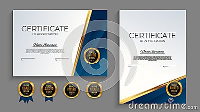 Blue and gold Certificate of achievement template set with gold badge and border. Award diploma design blank. Vector Vector Illustration