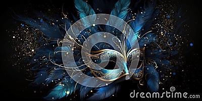 Blue and gold color combination feathery masquerade mask, Generative AI Stock Photo