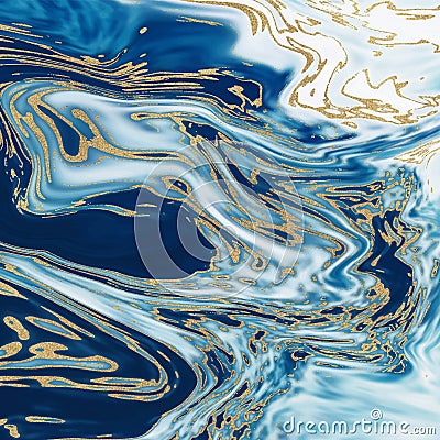 Blue with gold glitter liquid marble texture. Golden glitter ink painting abstract pattern. Trendy background for wallpaper, flyer Vector Illustration