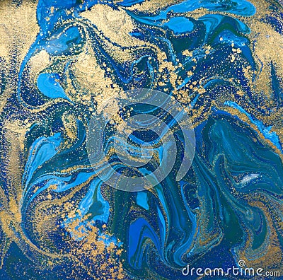 Blue and gold liquid texture. Hand drawn marbling background. Ink marble abstract pattern Cartoon Illustration