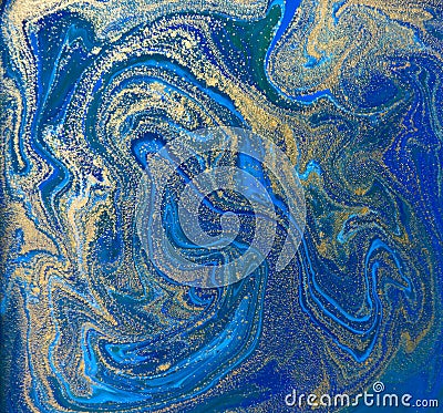 Blue and gold liquid texture. Hand drawn marbling background. Ink marble abstract pattern Cartoon Illustration