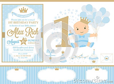 Blue and gold prince party decor. Cute happy birthday card template elements. Vector Illustration