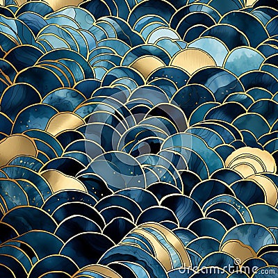 Blue Gold Scallops Pattern: Textured Organic Landscapes Inspired By Art Deco Stock Photo